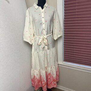 Figueroa & Flower dress sz M ivory cream paisley pink trim 3/4 sleeve midi‎